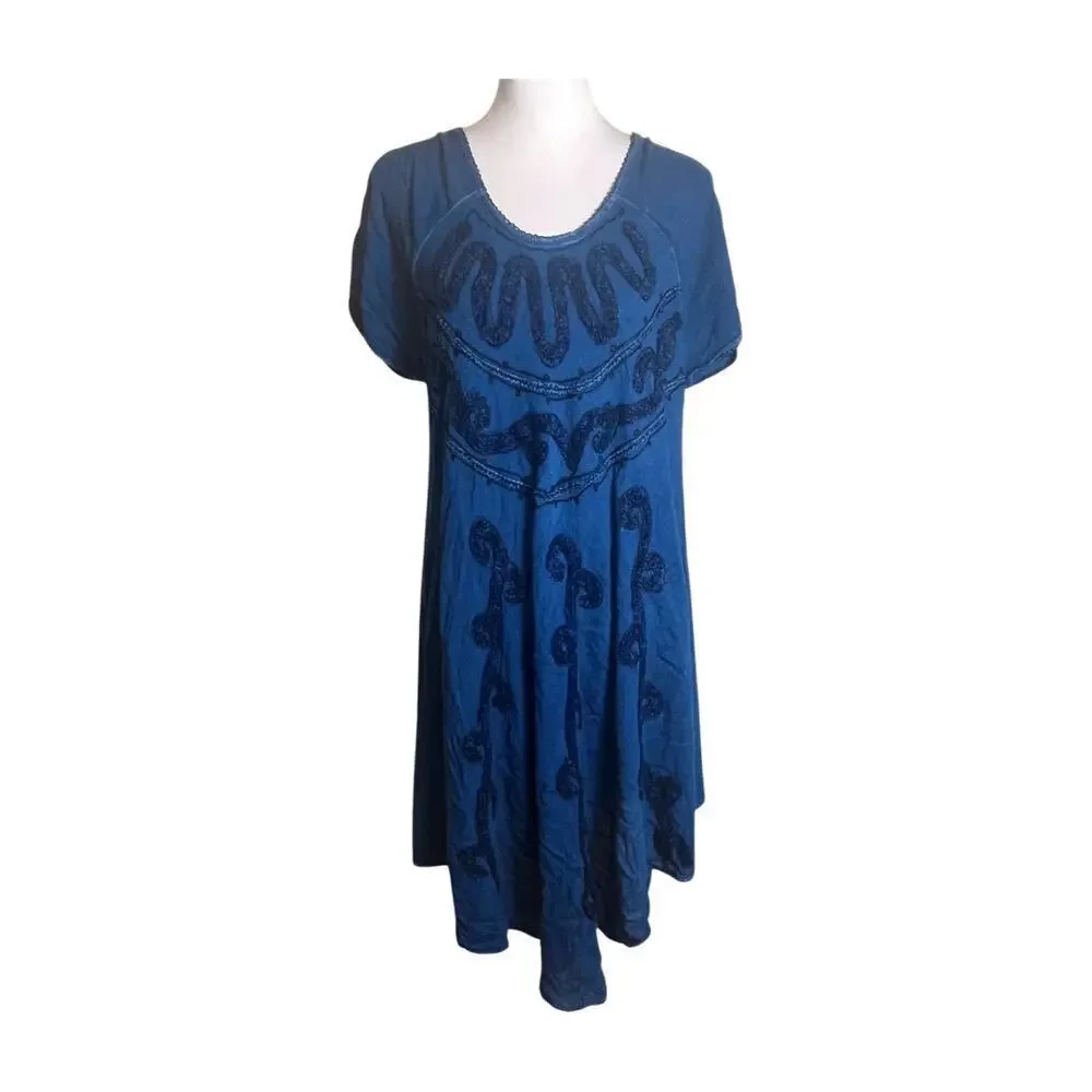 Boho Indie Blue Embroidered Swing Dress Free Size Festival India beach swim